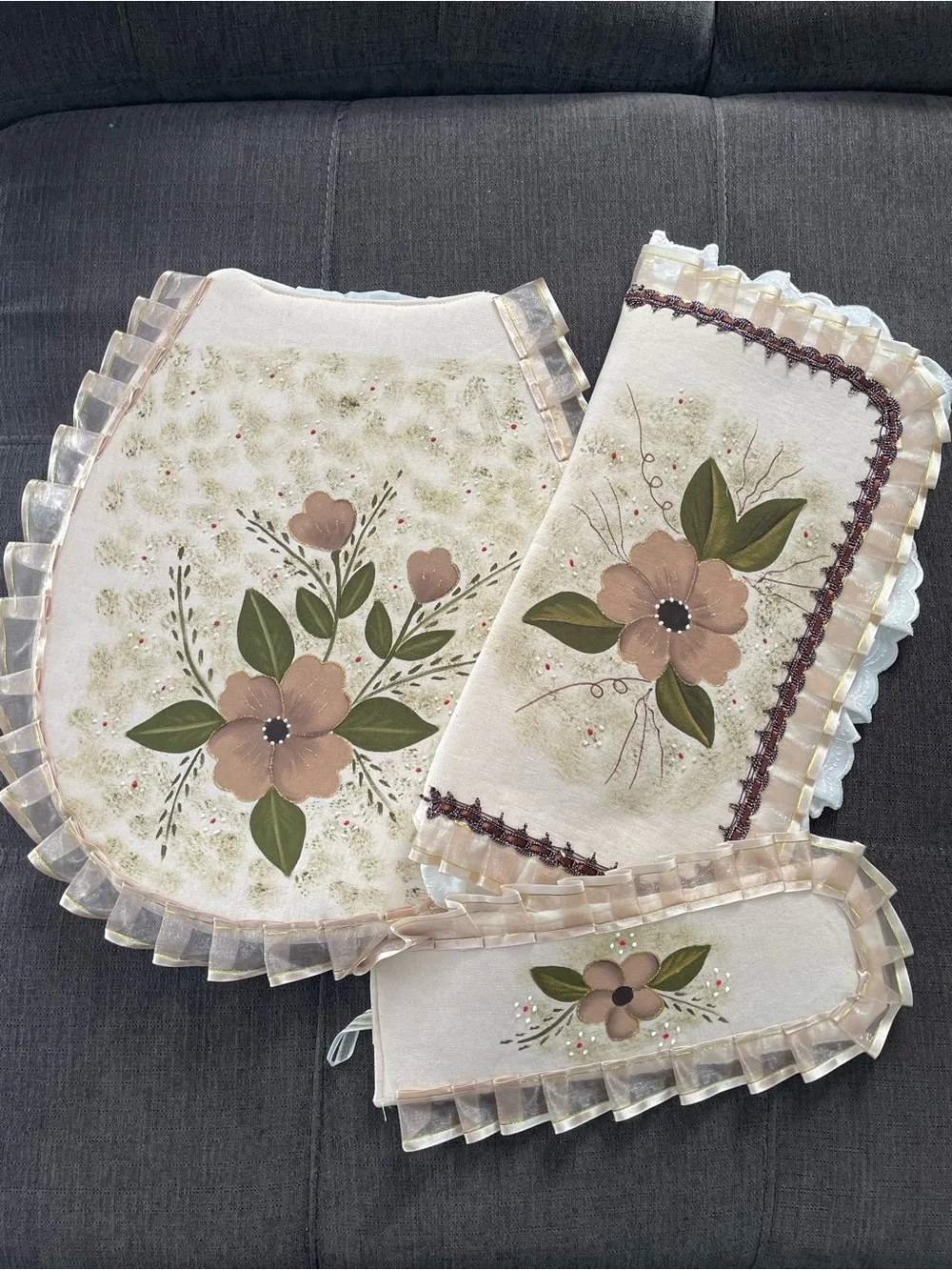 Hand-Painted Floral Beige Kitchen Linen Set